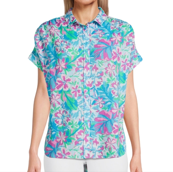 Time and Tru Linen Blend Floral Roll Cuff Button Shirt Womens M Multicolor Boho - Picture 1 of 10